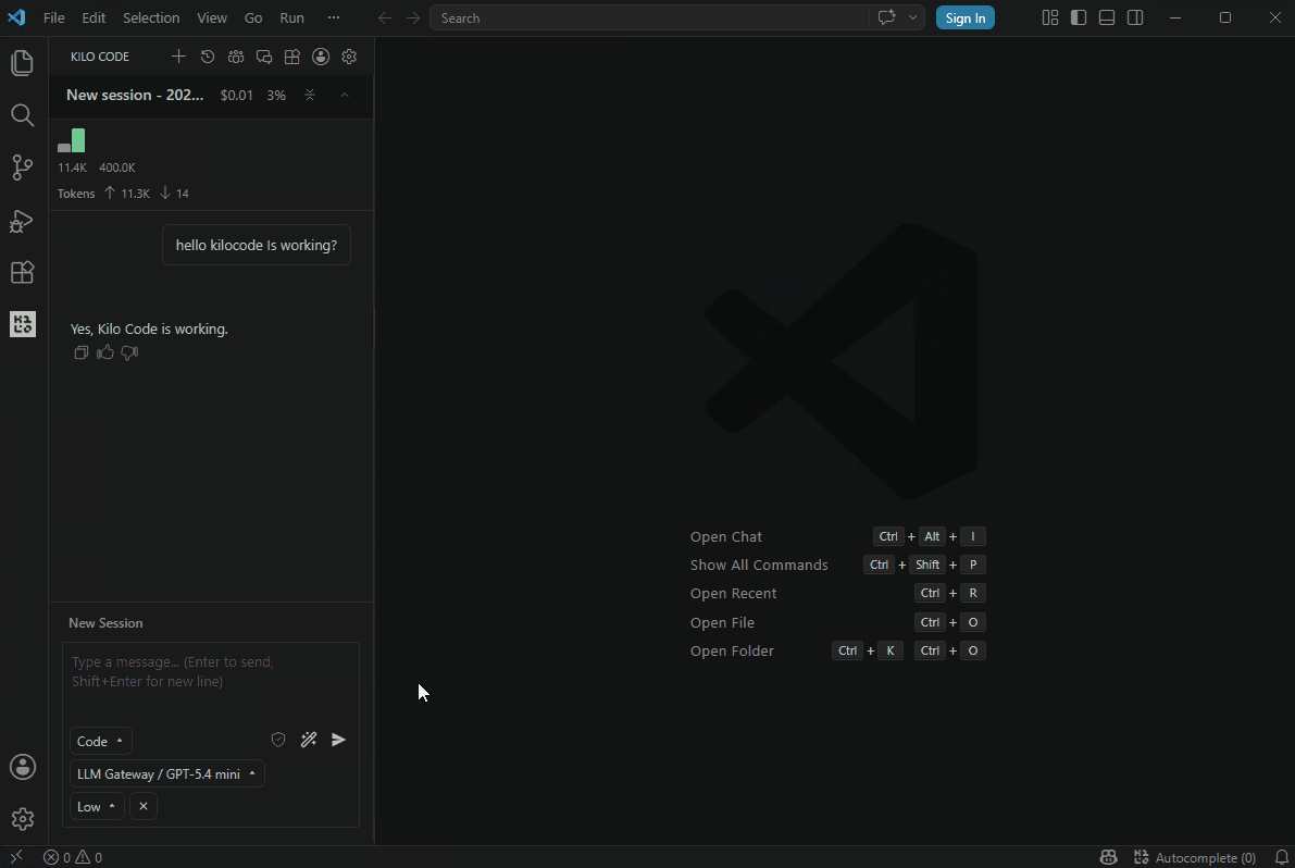 Kilo Code chat active with doteb